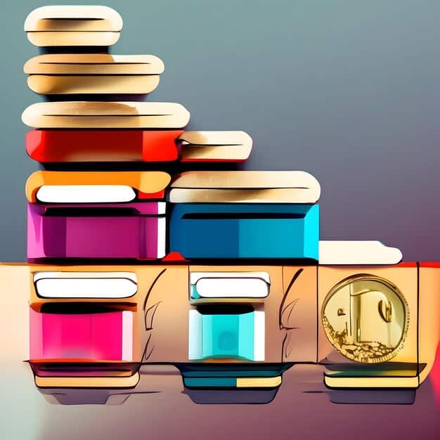 A symbolic image of a stack of diverse books with coins artfully placed on top, illustrating the successful combination of literature and financial savings for a book club.