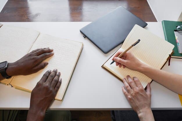Close-up of a diverse group of hands holding books and taking notes, emphasizing engagement and active participation.