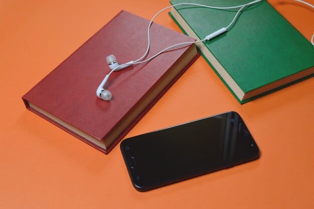 A stack of classic literature books next to a smartphone displaying a podcast app, with sound waves emanating from the phone, symbolizing the fusion of traditional reading with modern audio content.