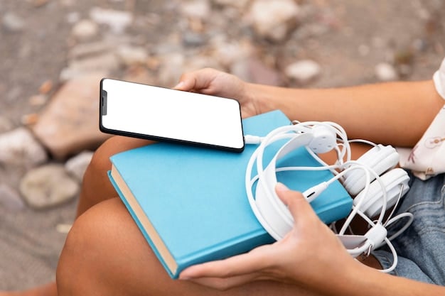 A smartphone screen showing a podcast player, resting on a open book. In the background a book club meeting is dimly seen, with people animatedly discussing, suggesting the podcast is an integral part of their gathering.