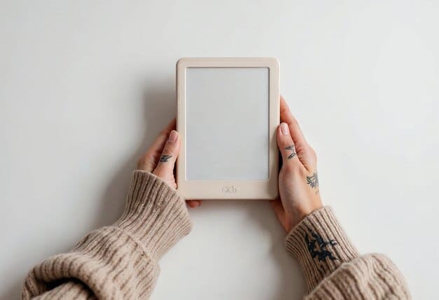 A close-up of a hand holding a tablet displaying an open e-book, with highlights and notes visible on the text. In the background, out of focus, are faint outlines of other digital devices like a smartphone and laptop.