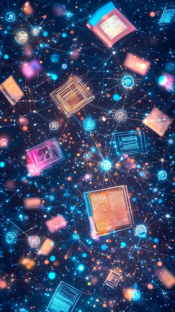 A stylized, futuristic graphic illustrating a network of interconnected book icons and digital devices, with glowing lines representing data flow, signifying a seamless digital book club experience. Abstract shapes and muted colors convey an advanced yet inviting atmosphere.