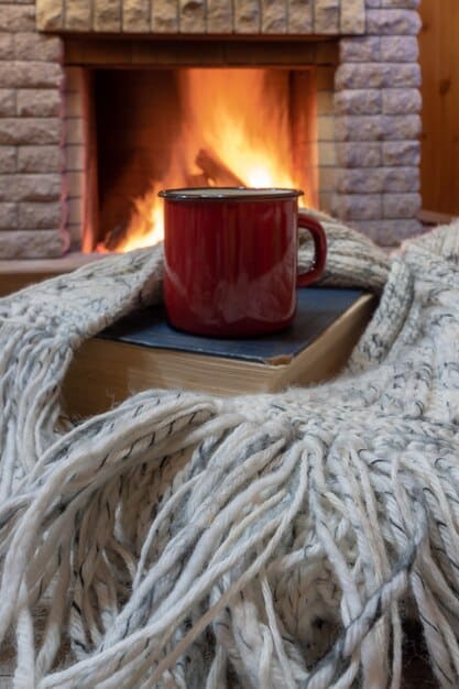 A cozy book nook with a warm blanket, a steaming mug, and an open book, suggesting a comfortable and inviting atmosphere for reading. Soft natural light filters in through a window, illuminating dust motes and creating a peaceful ambiance.
