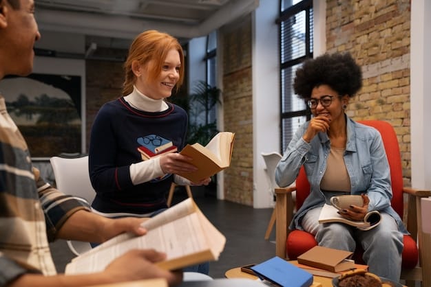 A diverse group of book club members engaged in a lively discussion, with one member speaking and others actively listening, demonstrating good communication and engagement.
