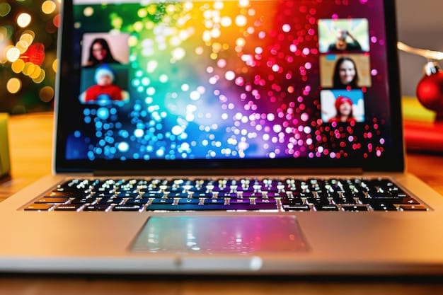 A group of friends video conferencing on a laptop screen, each holding a book, with chat bubbles and discussion points overlayed, signifying a vibrant virtual book club meeting.