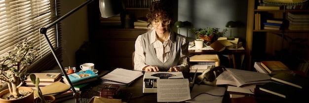 A professional author sitting at a desk, surrounded by books and a laptop, thoughtfully looking at notes, suggesting deep contemplation and creative work.