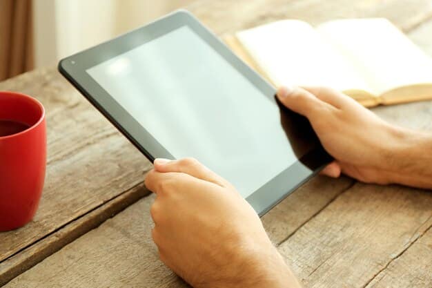 A person holding a tablet showing an online book review site with various review snippets. Overlaying the image are speech bubbles with common online review jargon like 
