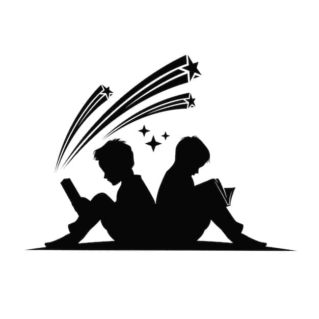 A silhouette of a person reading a book, with thought bubbles showing conflicting star ratings and emojis, representing internal biases like personal preference and mood, set against a blurry bookshelf background.