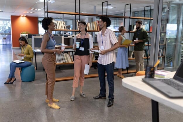 A diverse group of readers engaging with books in a modern, collaborative library space, with some using tablets for reviews, symbolizing community engagement and evolving reading habits. The scene is bright and dynamic.