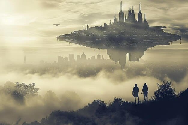 A fantastical landscape featuring towering castles and mystical forests, with a blurred silhouette of a couple embracing in the foreground, evoking a sense of magical romance.