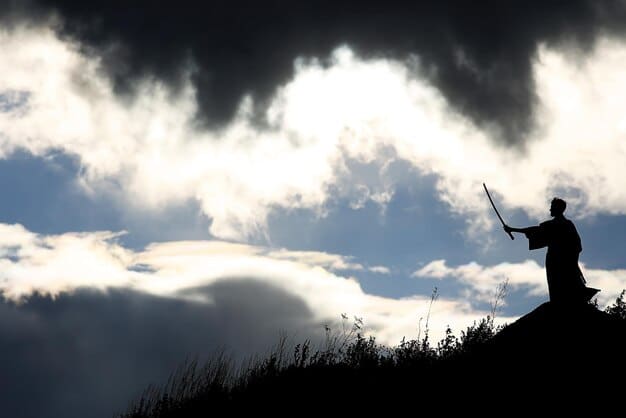 A lone warrior in ragged armor, standing atop a rain-swept battleground littered with broken swords and discarded banners. The sky is dark and stormy, reflecting the character's internal turmoil.