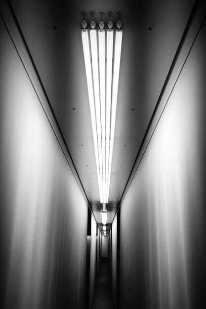 A dimly lit, distorted hallway with strange, undulating patterns on the walls, creating a sense of unease and psychological disarray.