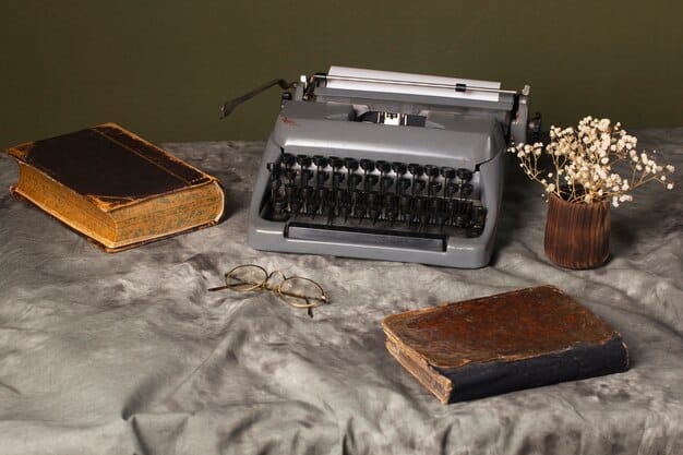 An old typewriter at an angle on a cluttered desk, piles of manuscript pages beside it, suggesting the meticulous and artistic process of literary composition.