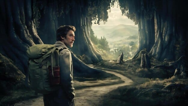 A young character, gender-neutral, with a backpack, standing at the edge of a magical forest, looking determinedly into the unknown, evoking a sense of adventure and wonder.