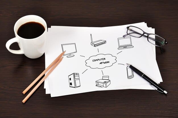 A writer's desk with a laptop displaying a complex flowchart of story elements from different genres connecting, illustrating the strategic planning and careful thought involved in mastering genre blending.