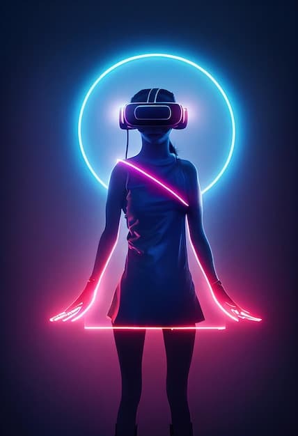 A futuristic human figure wearing a sleek VR headset, surrounded by luminous, abstract digital elements that suggest immersive storytelling and virtual environments, conveying advanced technology in content consumption.