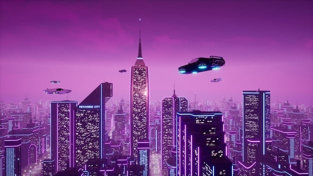 A depiction of a futuristic city skyline at night, with towering skyscrapers adorned with neon lights and flying vehicles zipping between them, illustrating a typical cyberpunk setting.