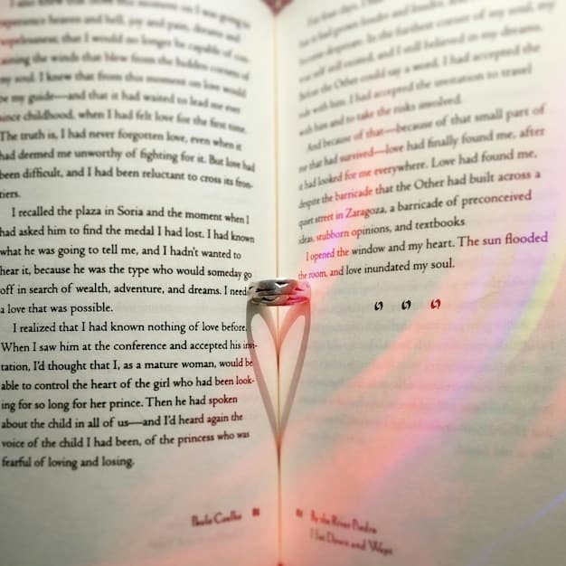 A close-up shot of an open book, with key literary terms highlighted using different colored markers. The terms include 