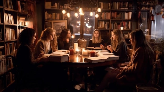 People sitting around a table discussing a book. Use a warm lighting and a diverse group of people showcasing book club conflict resolution.