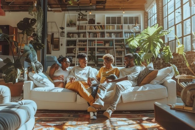 A group of diverse people sitting comfortably in a cozy living room, engaged in a lively book club discussion. Some are holding books, others are sipping tea or coffee. The atmosphere is warm and inviting, with soft lighting and comfortable seating. The focus is on the interaction and shared enjoyment of the book club, relating to The 2025 Book Club Reading Challenge.