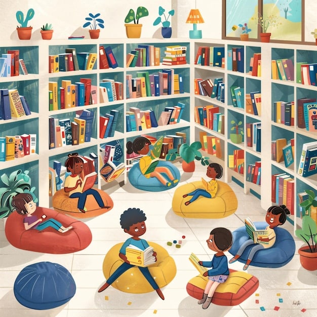 A group of children sitting on a rug in a library, surrounded by piles of books. An adult is reading aloud to them. The scene is focused on reading to the children, promoting literacy, and the positive impact of book club book swaps: A sustainable way to refresh your reading list.