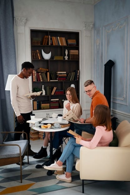 A group of book club members brainstorming fundraising ideas in a bright, modern living room. They are using a whiteboard to sketch out plans, and there are books and snacks scattered around. The atmosphere is collaborative and energetic.