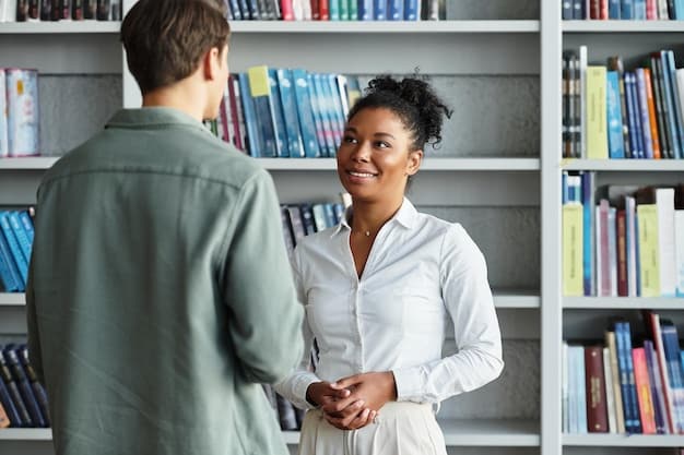 A librarian smiles and shakes hands with a book club member in front of a library. Bookshelves and reading spaces are visible in the background. The image suggests a partnership between the book club and the local library to promote literacy and fundraising.