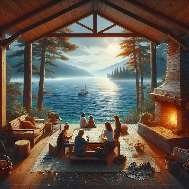 A serene lakeside cabin with large windows overlooking the water. A group is gathered on the porch.
