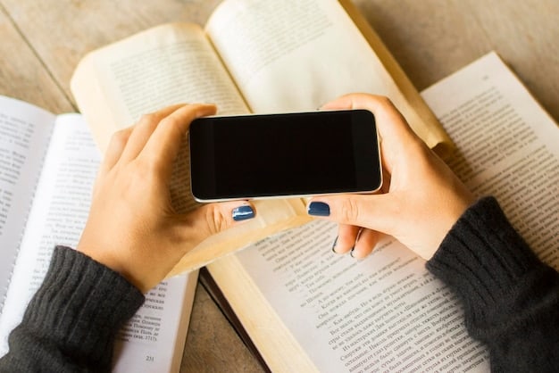A person's hands holding a smartphone displaying a book club's Instagram page. The page features photos of book covers, members reading, and snippets of discussions. Captions encourage engagement and invite new members.