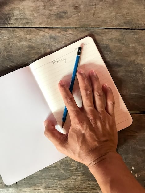 A close-up shot of a hand holding a pen, writing in a notebook. The notebook is open to a page with handwritten notes outlining a book summary, complete with key plot points, character sketches, and thematic ideas. The background is blurred, emphasizing the act of writing and summarizing. This image relates to Book Club Book Reviews: Writing Compelling Summaries That Attract Readers by showcasing the process of crafting an effective book review.
