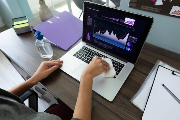 A close-up shot of an author analyzing TikTok analytics on their laptop, highlighting key metrics such as views, likes, and engagement rate. The scene is focused on the data and the author's thoughtful expression, conveying the importance of data-driven decision-making.