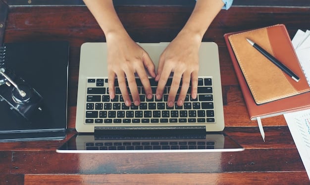A close-up photo of an author's hands typing on a laptop, with an email marketing platform open on the screen, showcasing various email templates and subscriber lists. The setting is a cozy home office environment, emphasizing the personal and direct nature of email marketing for authors.