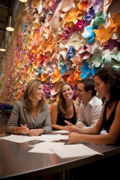 A group of authors brainstorming ideas together in a modern office setting, with sticky notes and whiteboards covered in writing prompts and marketing strategies. They are enthusiastically discussing plans, symbolizing synergy and teamwork in their collaborative efforts.