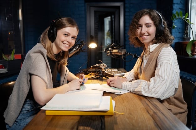 Two authors on a podcast or online interview, engaging in a lively discussion about their collaborative book project. The focus is on their dynamic communication and the synergy they achieve by sharing insights and experiences about their work.
