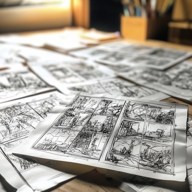 A close-up of a storyboard for a book trailer, with sketches and notes outlining the scenes, camera angles, and dialogue. The storyboard is meticulously detailed, reflecting the planning and preparation that goes into creating a compelling visual narrative.