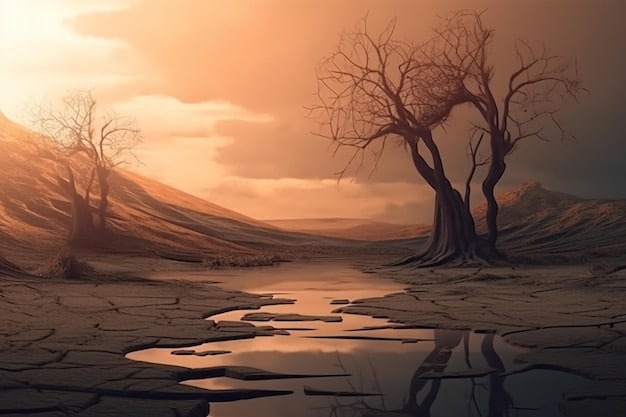 A desolate landscape with cracked earth and a dried-up riverbed. The sky is a hazy orange, suggesting a severe drought and environmental devastation.