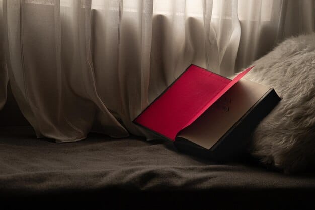 An open book lying on a velvet cushion, with a blurred background of ornate wallpaper and a chandelier. The book cover is partially visible and appears to be titled 