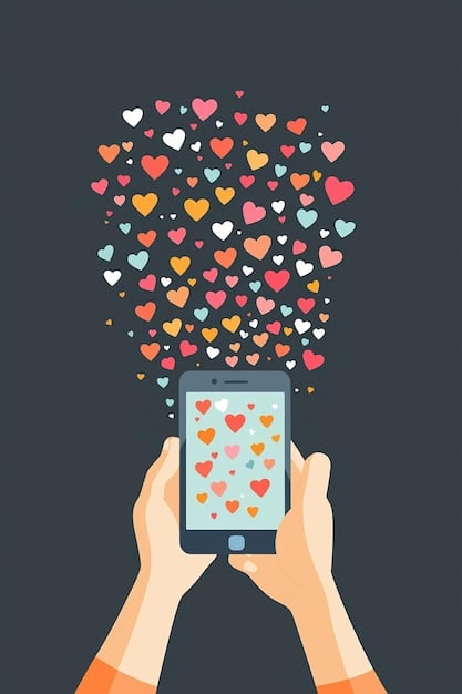 A hand holding a smartphone displaying the BookTok interface with hearts and positive emojis overlaid, contrasted with a stack of serious-looking books with a questioning expression superimposed. This visualizes the duality of BookTok: its enthusiastic, positive side versus the potential for superficiality.