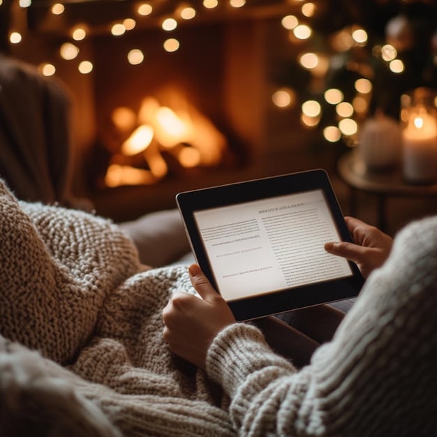 A person holding a tablet with an ebook displayed, surrounded by cozy reading accessories like a warm blanket, a cup of tea, and soft lighting. The screen shows highlighted text and digital annotations, emphasizing the integration of technology with the traditional comfort of reading. Shows the importance of 'The Future of Book Clubs: How Technology is Changing the Way We Read - Book Reviews'.