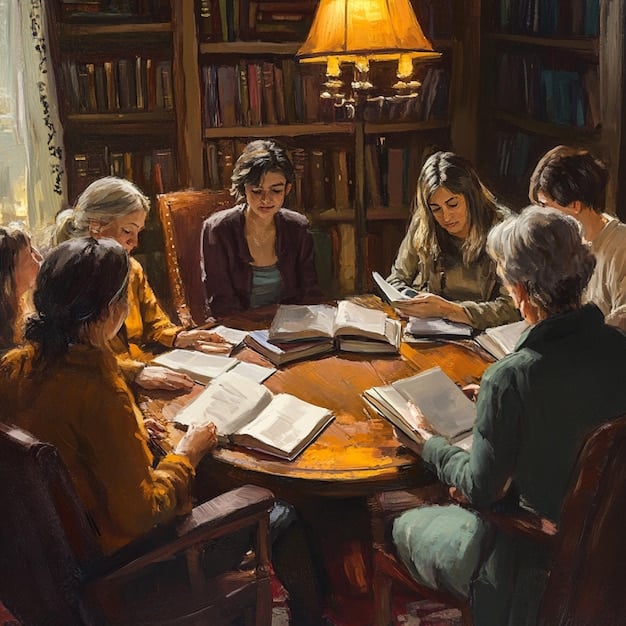 A split-screen image showing both a traditional physical book club meeting with people gathered around a table, and a virtual book club interface on a laptop with participants displayed in video call windows. The contrast highlights the evolution from physical to digital interactions, emphasizing the topic of 'The Future of Book Clubs: How Technology is Changing the Way We Read - Book Reviews'.
