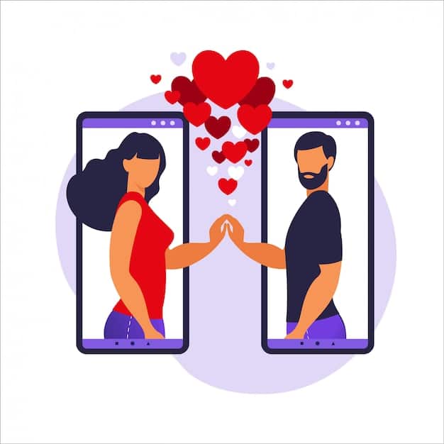 A split image showing a couple on a date, with one side representing their real-life interactions and the other side representing their online profiles.