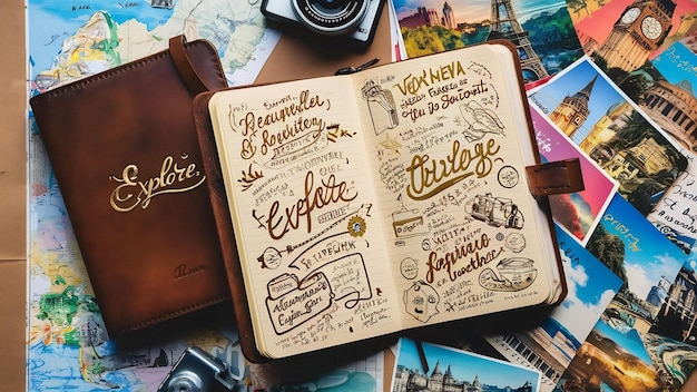 Close-up of a vintage travel guide with a worn cover, showcasing handwritten notes and highlighted passages. The guide rests on a wooden table beside a cup of coffee and a pair of reading glasses. The image emphasizes the importance of having a reliable travel guide for literary adventures, fitting the theme of Literary Tourism: Visiting the Settings of Your Favorite Novels - A Review of Travel Guides.