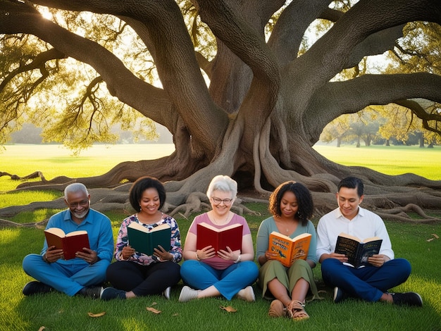 A diverse group of people reading books in a park, representing different ages, ethnicities, and abilities. The books they are reading have covers depicting diverse romance stories. The scene symbolizes inclusivity in literature and 