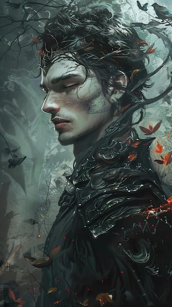 A close-up digital portrait of a character from a grimdark fantasy novel. The character has a scarred face, weary eyes, and is wearing battered armor. The background is blurred and shows a chaotic battlefield.