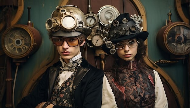 A split image showcasing the fashion of steampunk and dieselpunk. On the left, a person in a Victorian-inspired outfit with gears, goggles, and brass accessories exemplifies steampunk. On the right, a person in an aviator jacket, fedora, and utility boots represents dieselpunk. The background reflects corresponding architectural styles.
