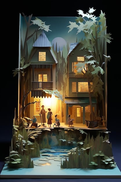 A book cover featuring a cozy mystery novel. The cover depicts a quaint village scene, with a tea room in the foreground and rolling hills in the background. A woman with a magnifying glass is subtly placed in the scene.