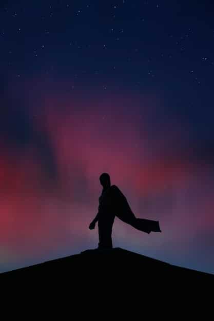 A lone figure silhouetted against a vast, star-filled sky, emphasizing the character's insignificance in the face of the cosmos. Reflects the existential themes often found in Literary Horror Beyond Jump Scares: Exploring Psychological and Existential Themes.