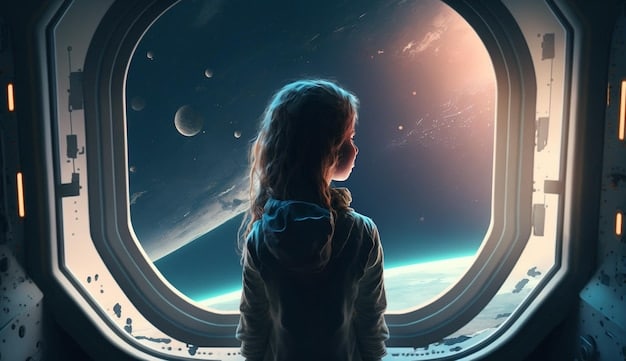 A young woman looks out a spaceship window to a distant colonized planet. The planet is dry and desert-like, ravaged by some kind of catastrophe, echoing the exploration of profound themes such as environmentalism in the enduring appeal of Space Opera: Why Grand-Scale Galactic Adventures Still Captivate Readers.