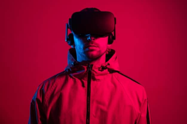 A person wearing a VR headset, immersed in a digital world with cyberpunk elements, such as holographic interfaces and neon signs. The background shows a messy room filled with tech gadgets. The image represents the fusion of virtual and physical realities in Cyberpunk's Second Wave: How New Technologies are Reshaping the Genre in 2025, and potential implications for digital immersion.