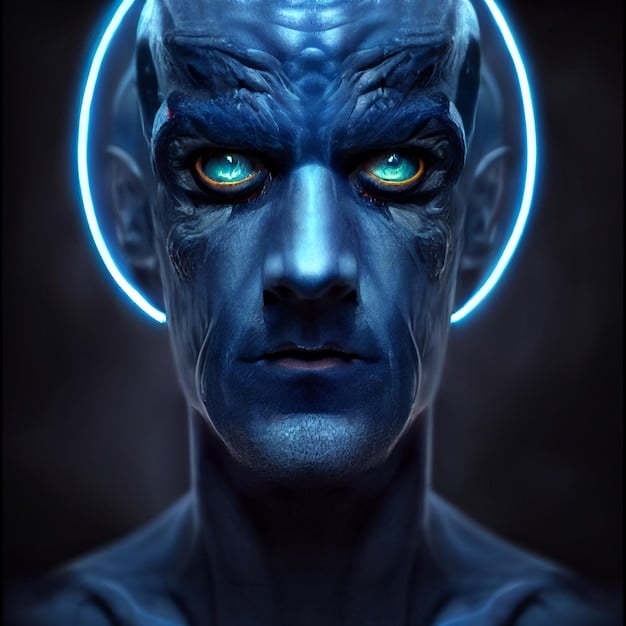 A close-up of a humanoid robot face with glowing blue eyes, set against a dark background with digital code flowing around it. The image represents the fusion of artificial intelligence and human form, symbolizing the evolution of AI in Cyberpunk's Second Wave: How New Technologies are Reshaping the Genre in 2025